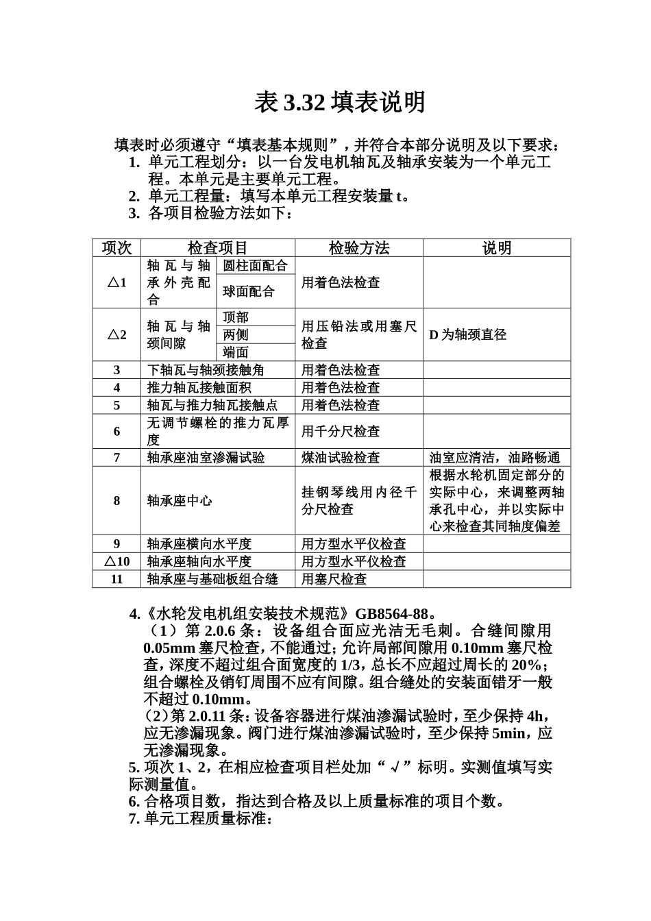 表3.32 卧式水轮发电机轴瓦及轴承安装单元工程质量评定表填表说明.doc_第1页