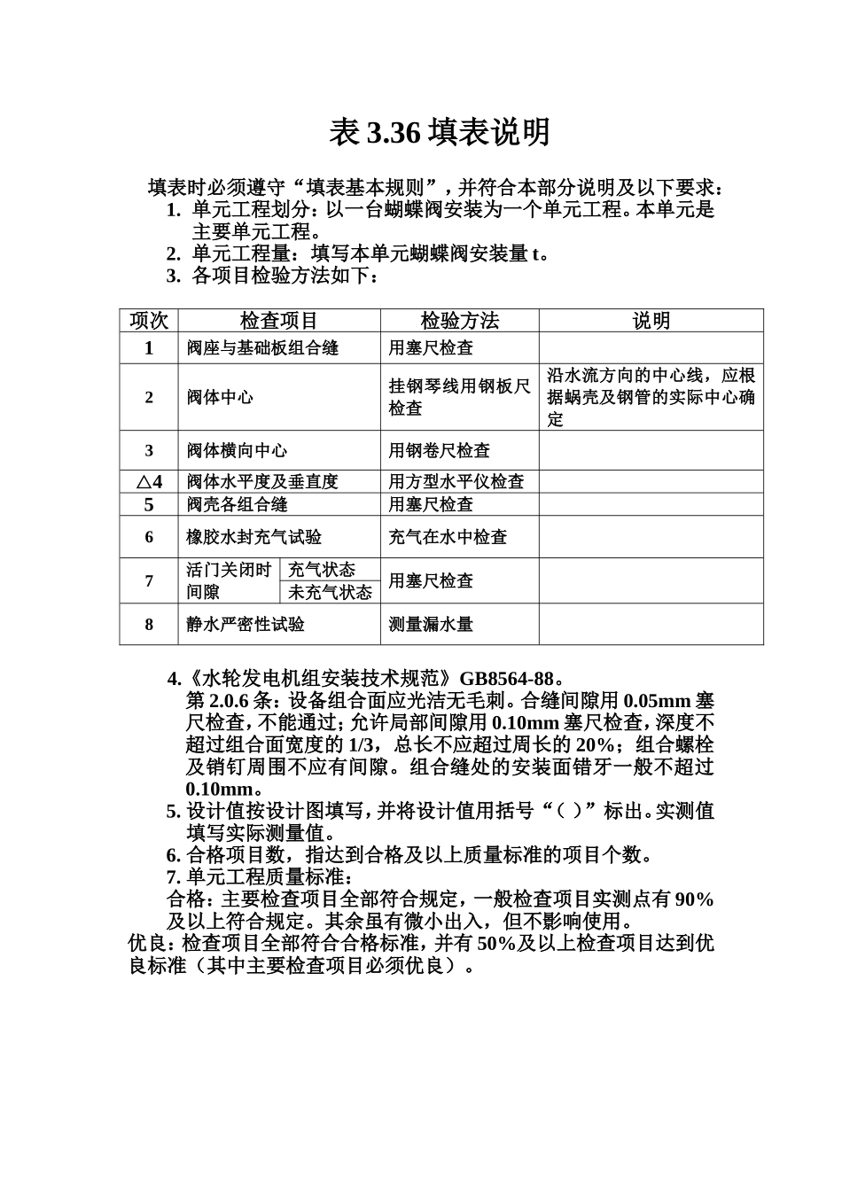 表3.36 蝴蝶阀安装单元工程质量评定表填表说明.doc_第1页