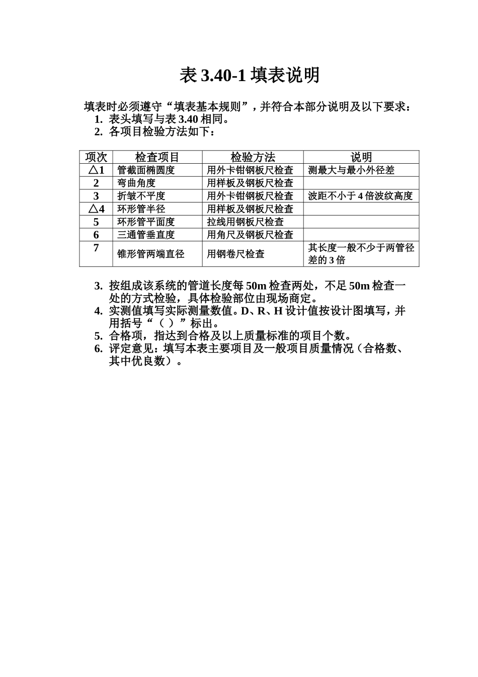 表3.40-1 机组管路管件制作质量评定表填表说明.doc_第1页