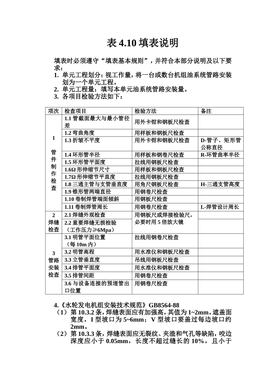 表4.10 水力机械系统管路安装单元工程质量评定表填表说明.doc_第1页