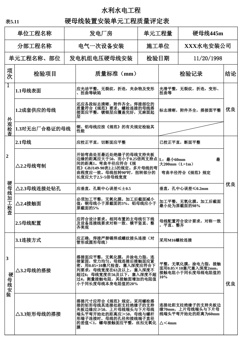 表5.11 硬母线装置安装单元工程质量评定表（例表）.xls_第1页