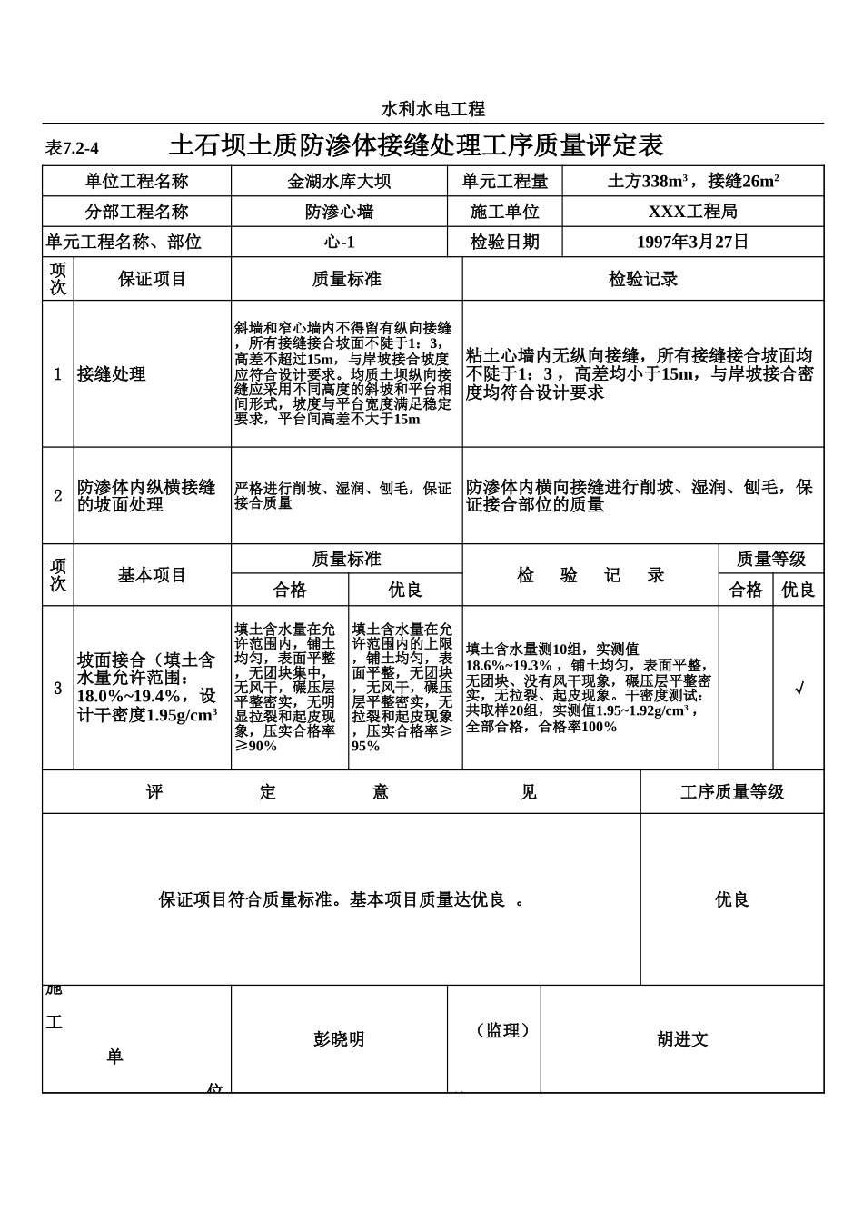 表7.2-4 土石坝土质防渗体接缝处理工序质量评定表（例表）.xls_第1页