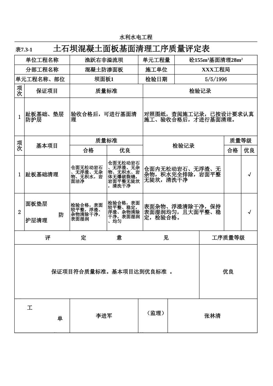 表7.3-1 土石坝混凝土面板基面清理工序质量评定表（例表）.xls_第1页