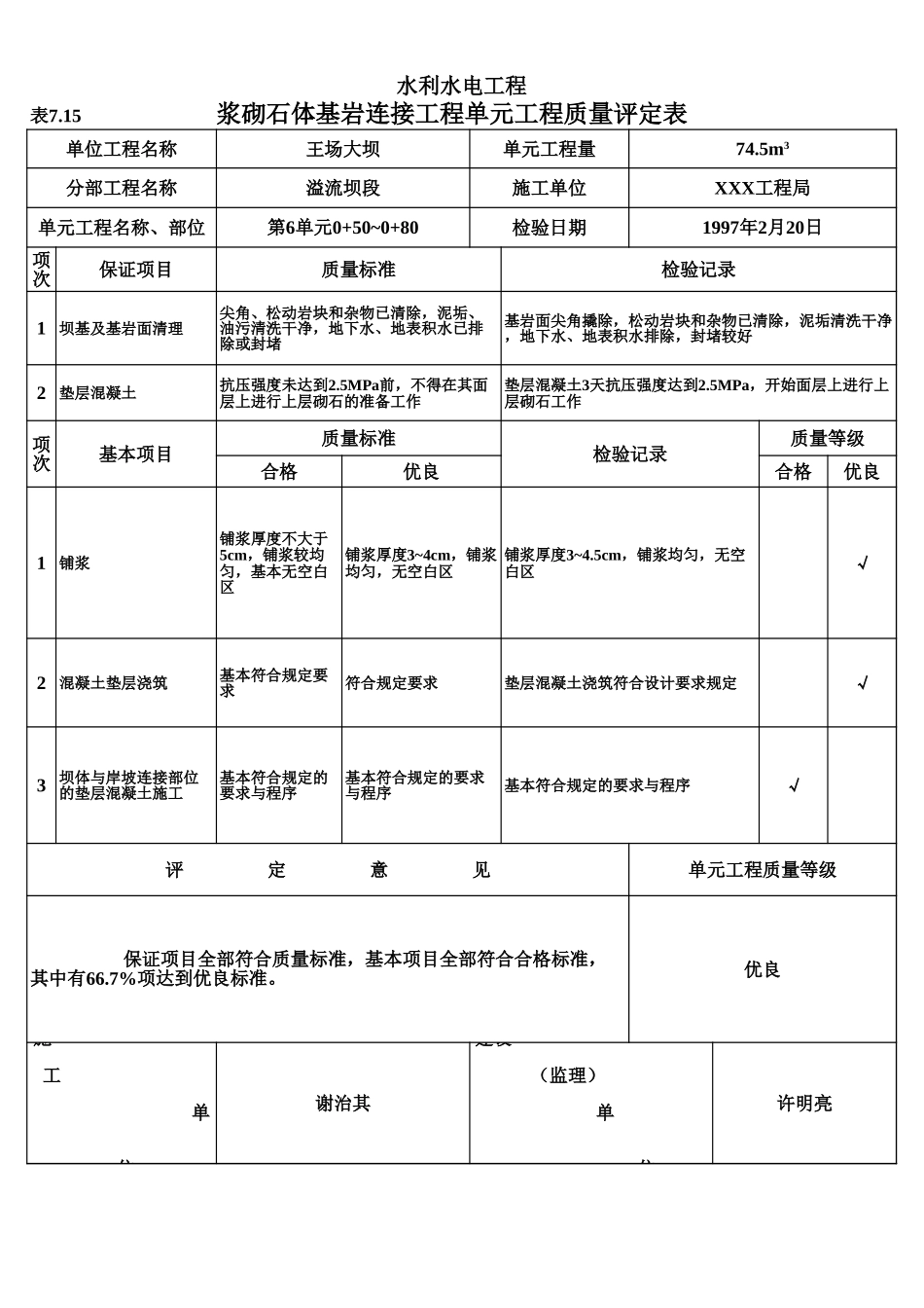表7.15 浆砌石体基岩连接工程单元工程质量评定表(例表).xls_第1页