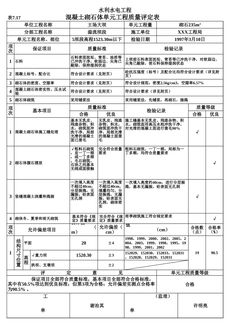 表7.17 混凝土砌石体单元工程质量评定表(例表).xls_第1页