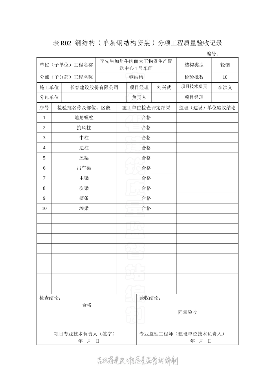表R02 钢结构单层钢结构安装分项工程质量验收记录.doc_第1页