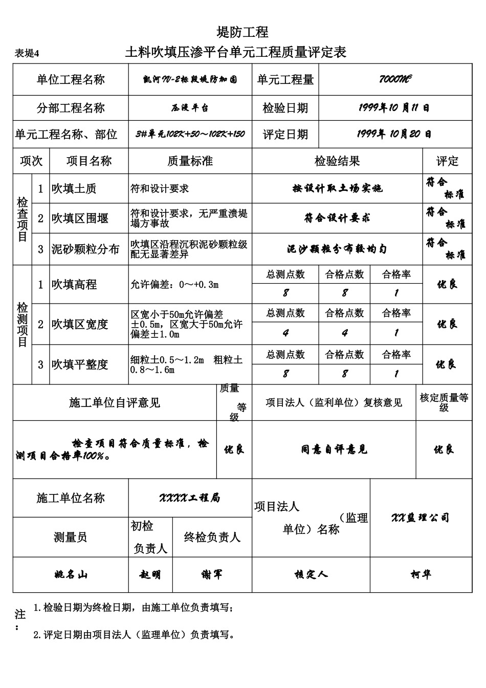 表堤4 土料吹填压渗平台单元工程质量评定表(例表).xls_第1页