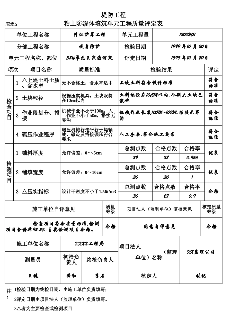 表堤5 粘土防渗体填筑单元工程质量评定表（例表）.xls_第1页
