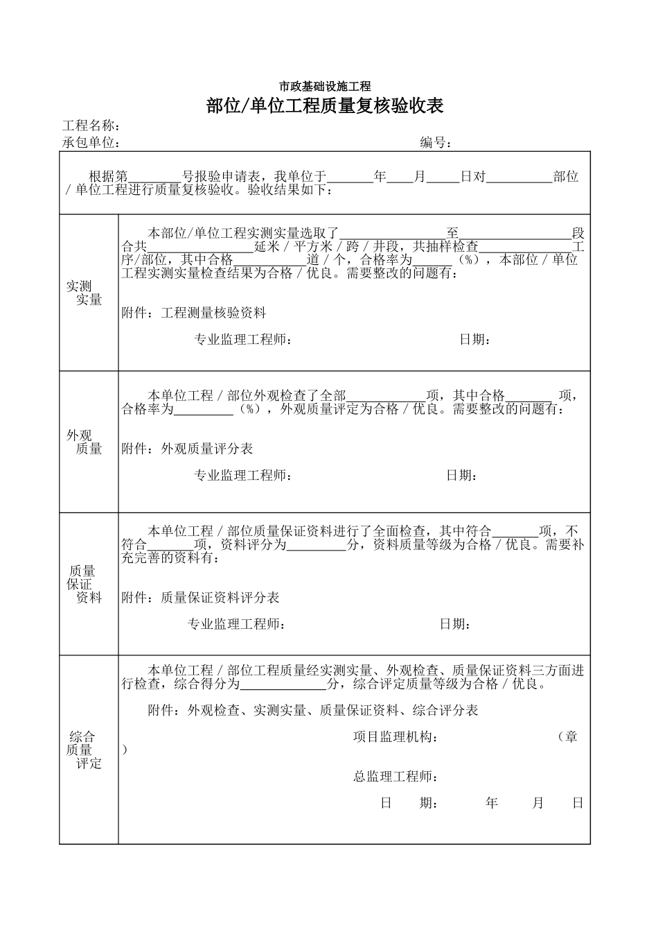部位、单位工程质量复核验收表.xls_第1页