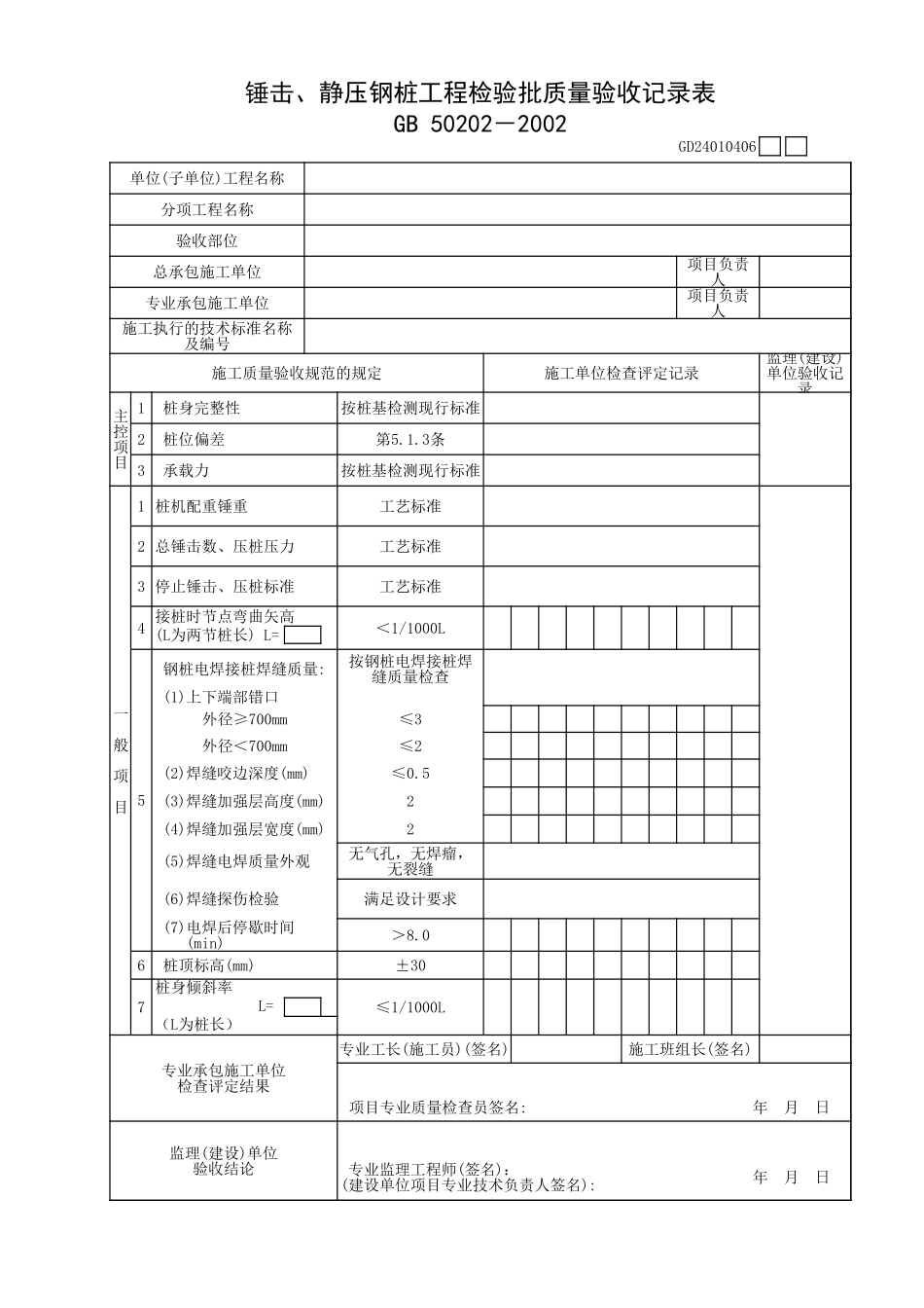 锤击、静压钢桩工程检验批质量验收记录表.xls_第1页