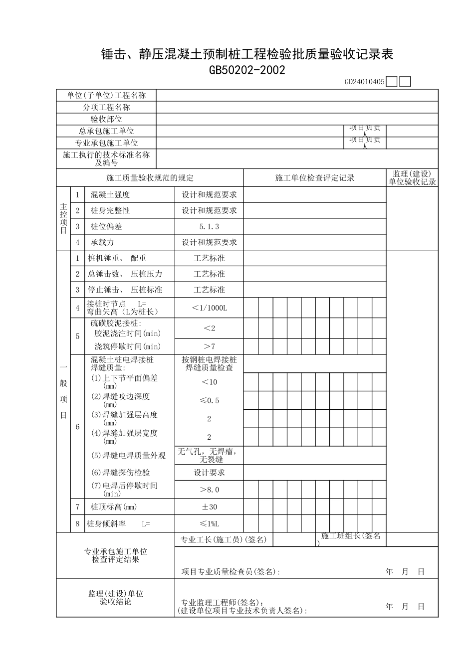 锤击、静压混凝土预制桩工程检验批质量验收记录表.xls_第1页