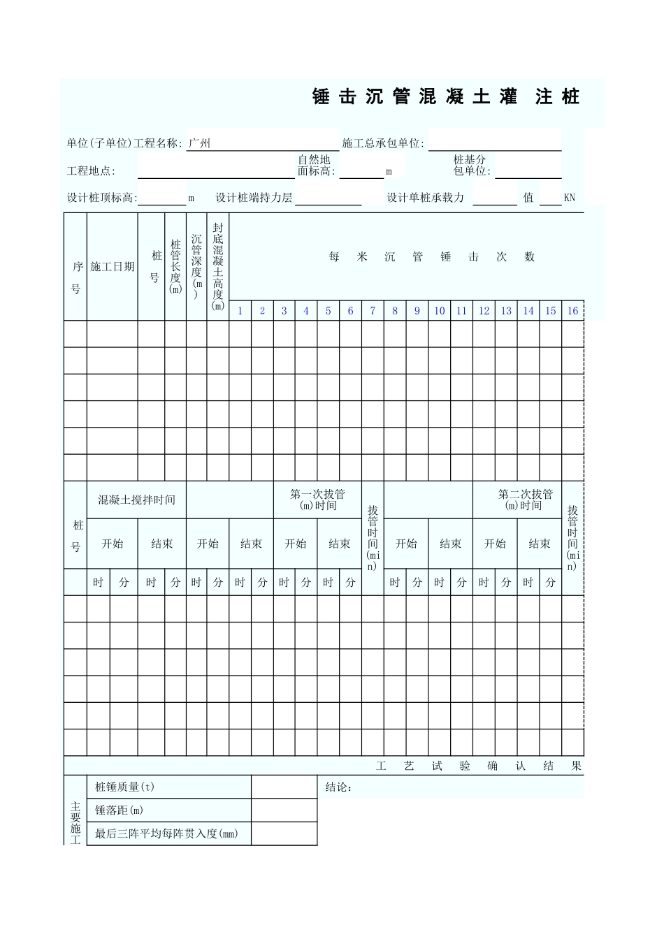 锤击沉管混凝土灌注桩工程施工工艺试验记录表 GD2301008.xls_第1页
