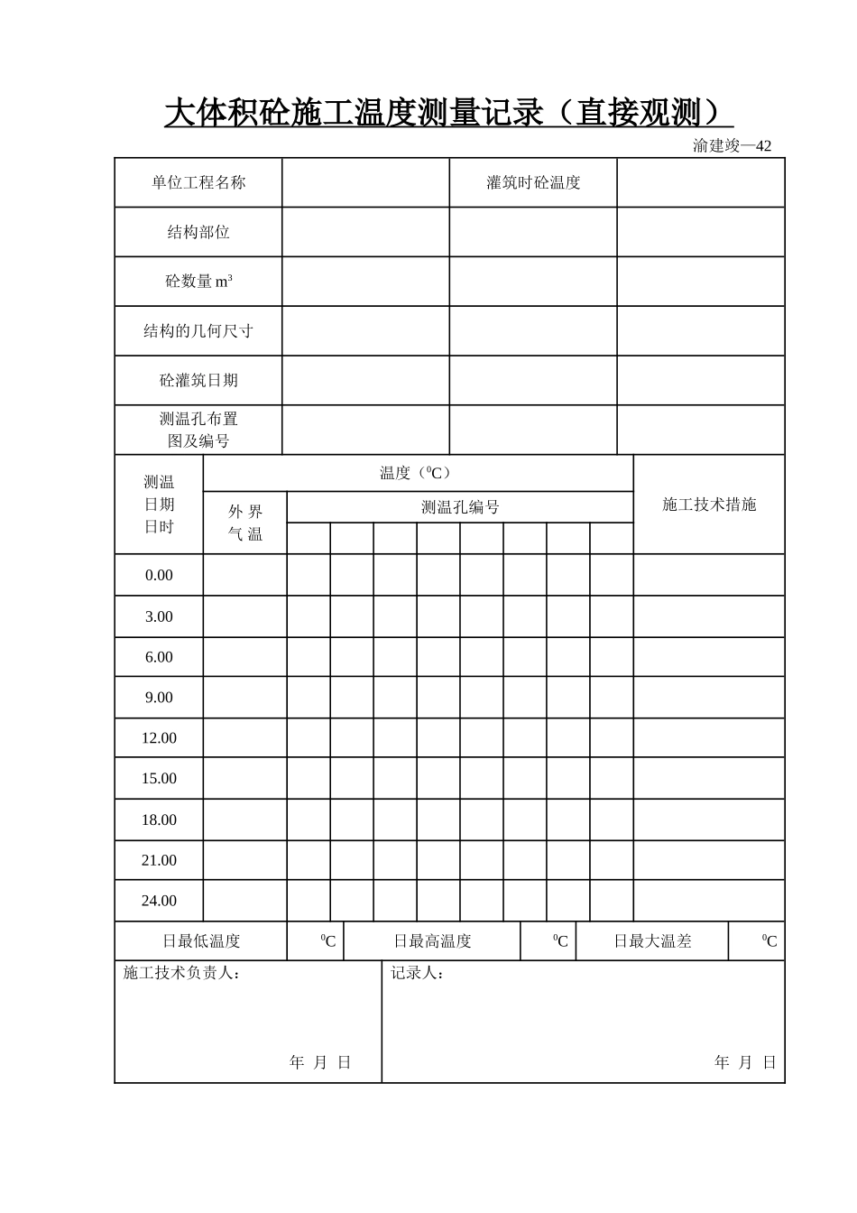大体积砼施工温度测量记录(直接观测).doc_第1页