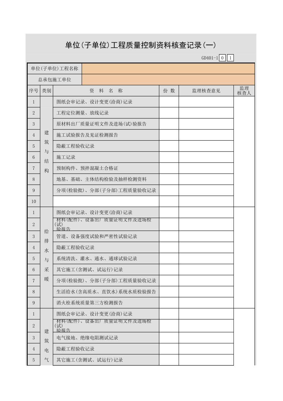 单位(子单位)工程质量控制资料核查记录(一)GD401.xls_第1页