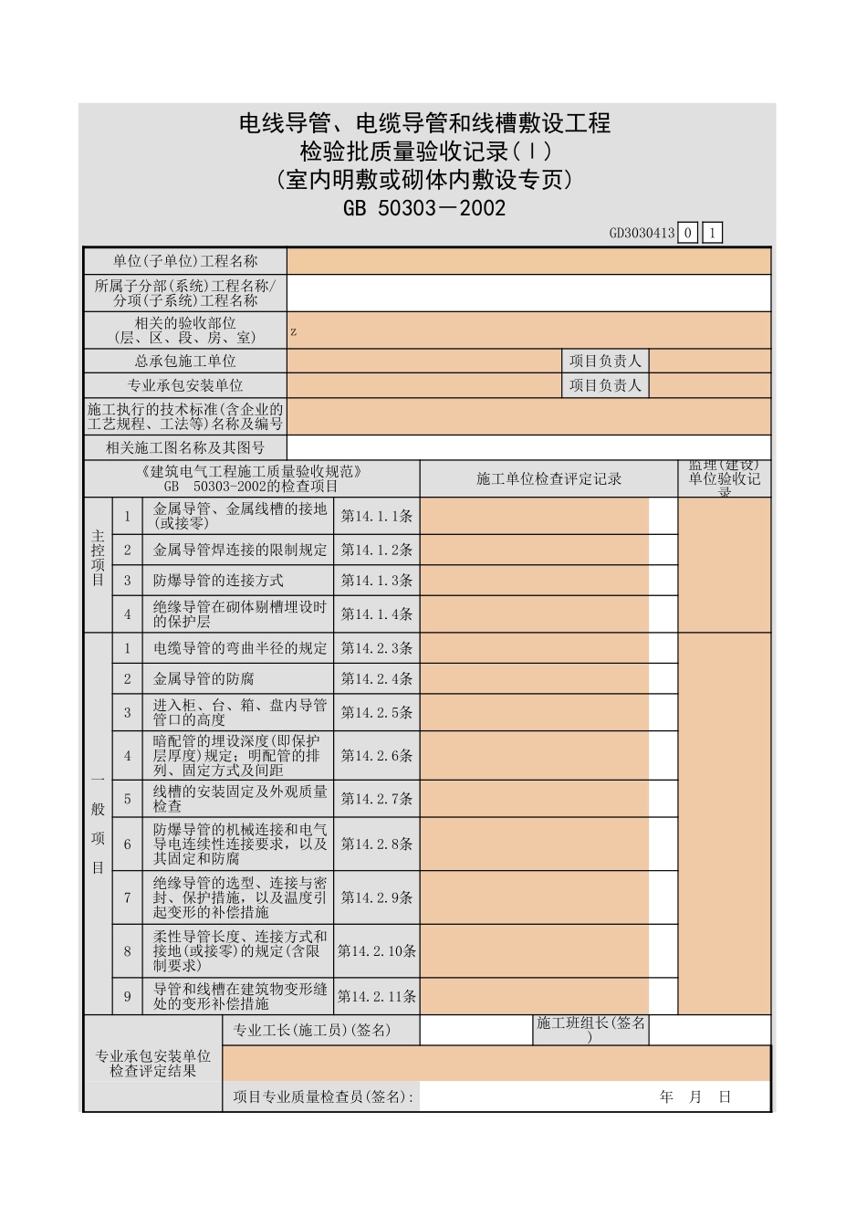 电线导管、电缆导管和线槽敷设工程检验批质量验收记录(Ⅰ)(室内明敷或砌体内敷设专页).xls_第1页