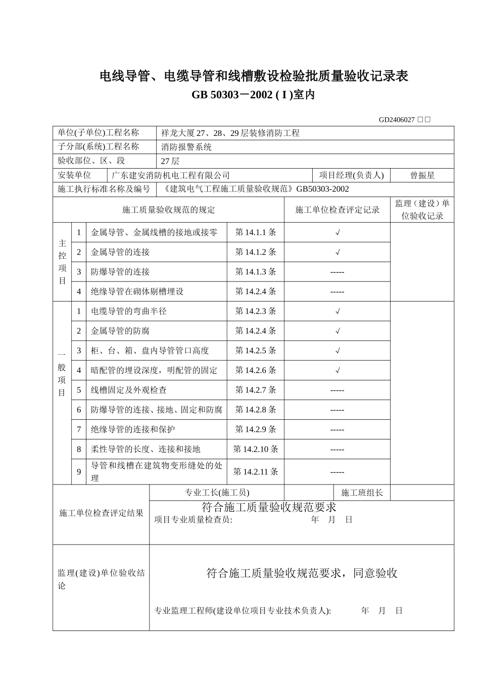 电线导管、电缆导管和线槽敷设检验批质量验收记录表01.doc_第1页