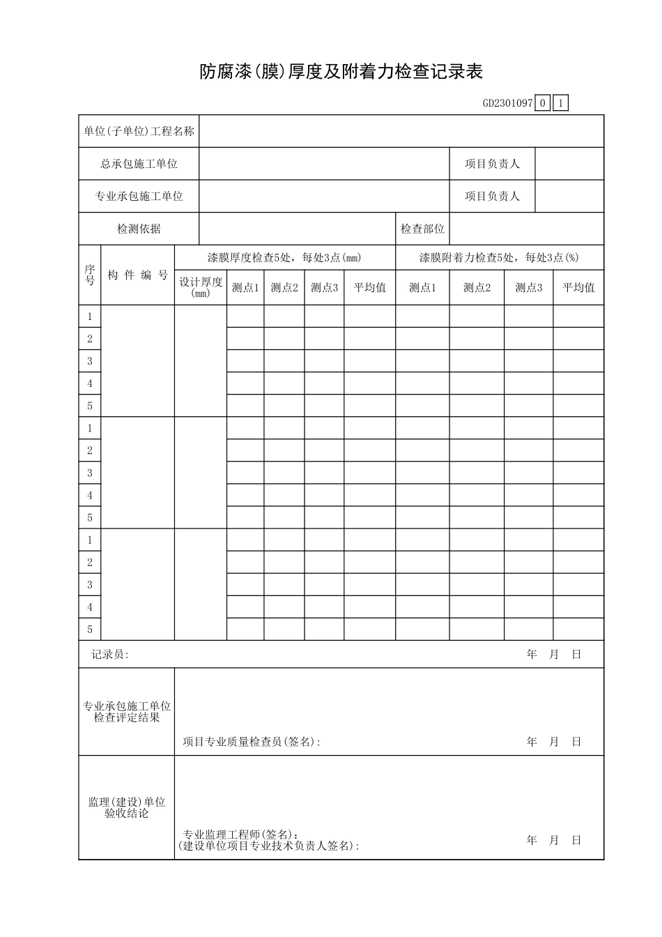 防腐漆(膜)厚度及附着力检查记录表GD2301097.xls_第1页
