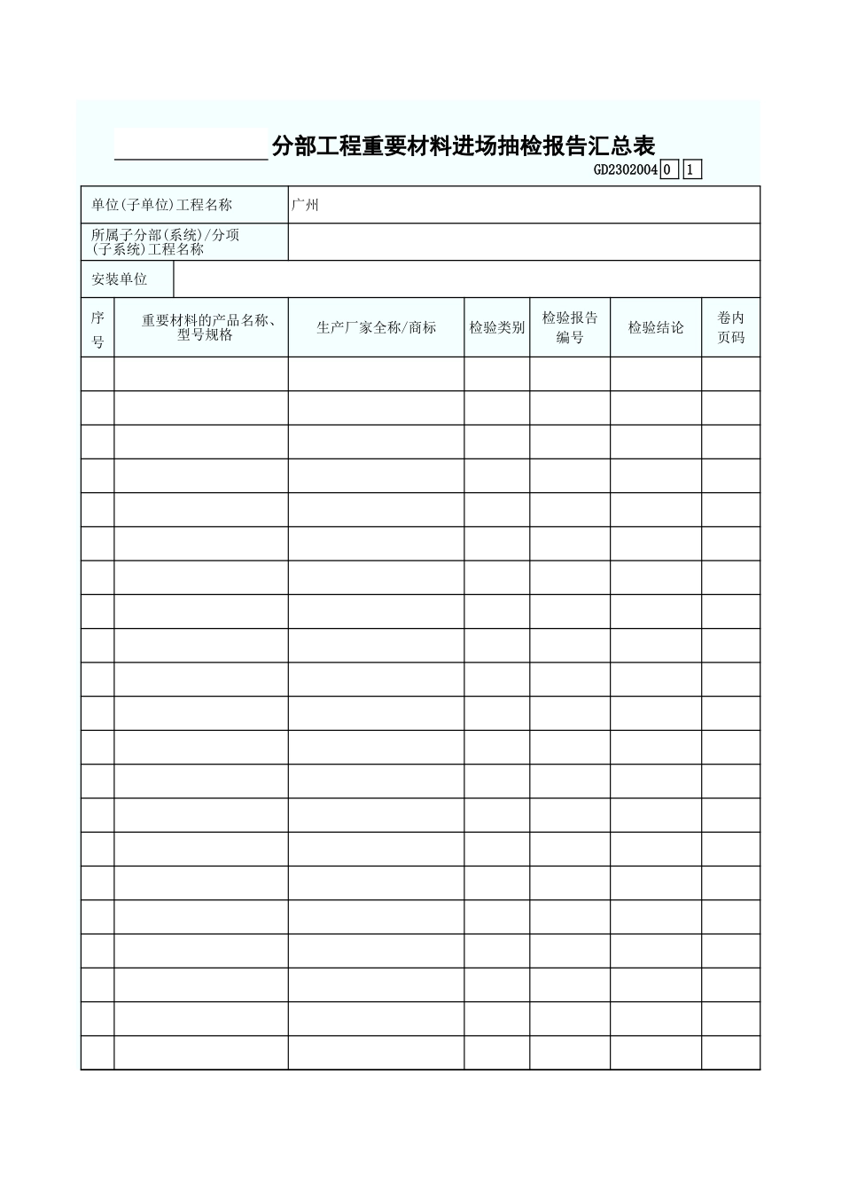 分部工程重要材料进场抽检报告汇总表 GD2302004.xls_第1页