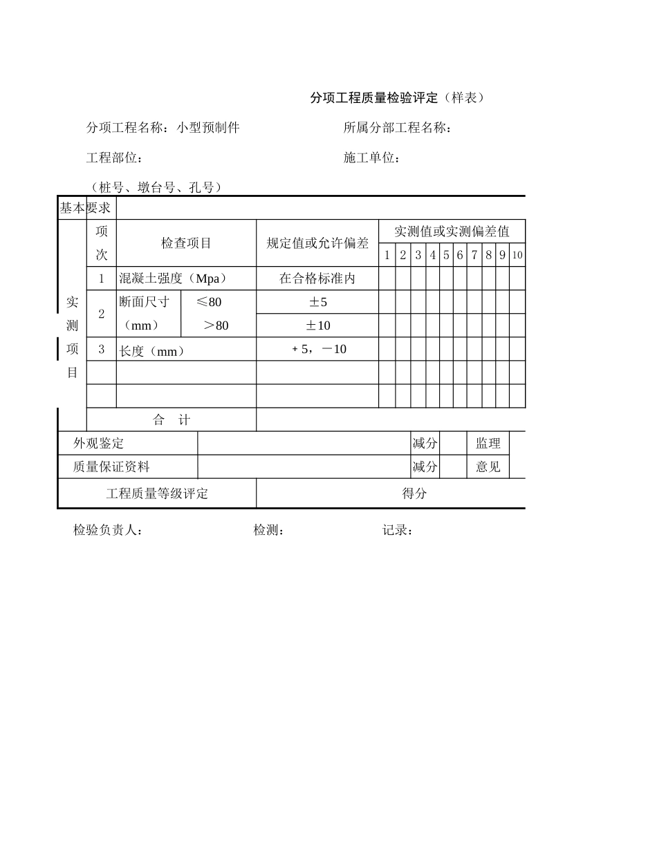 分项工程质量检验评定（样表）小型预制件.xls_第1页