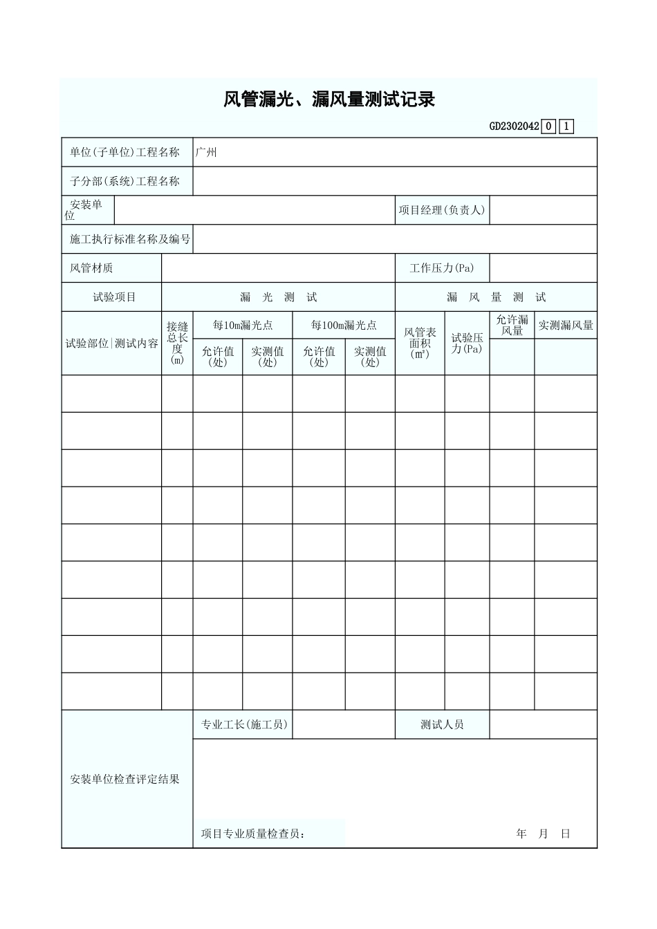 风管漏光、漏风量测试记录 GD2302042.xls_第1页