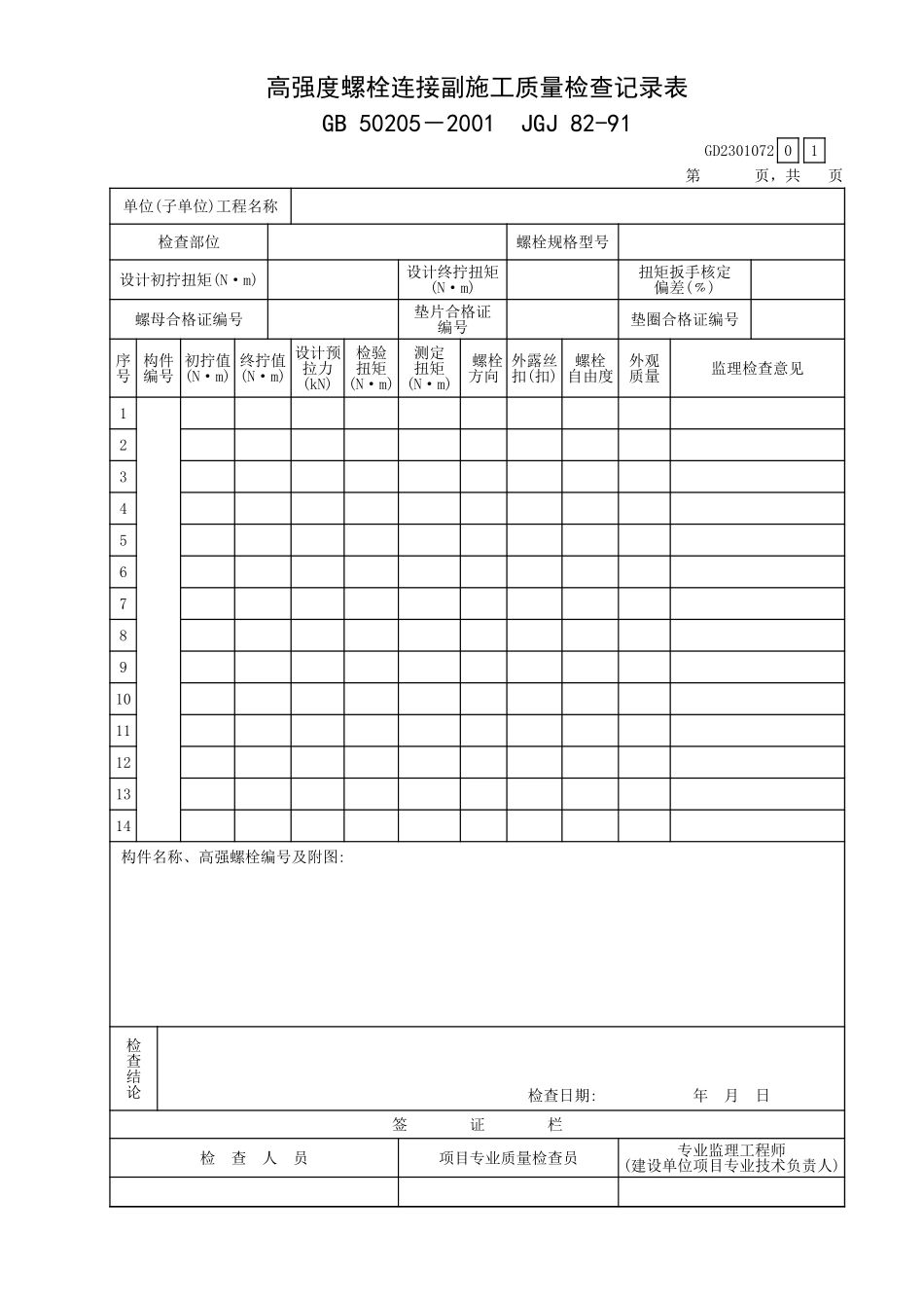 高强度螺栓连接副施工质量检查记录表GD2301072.xls_第1页