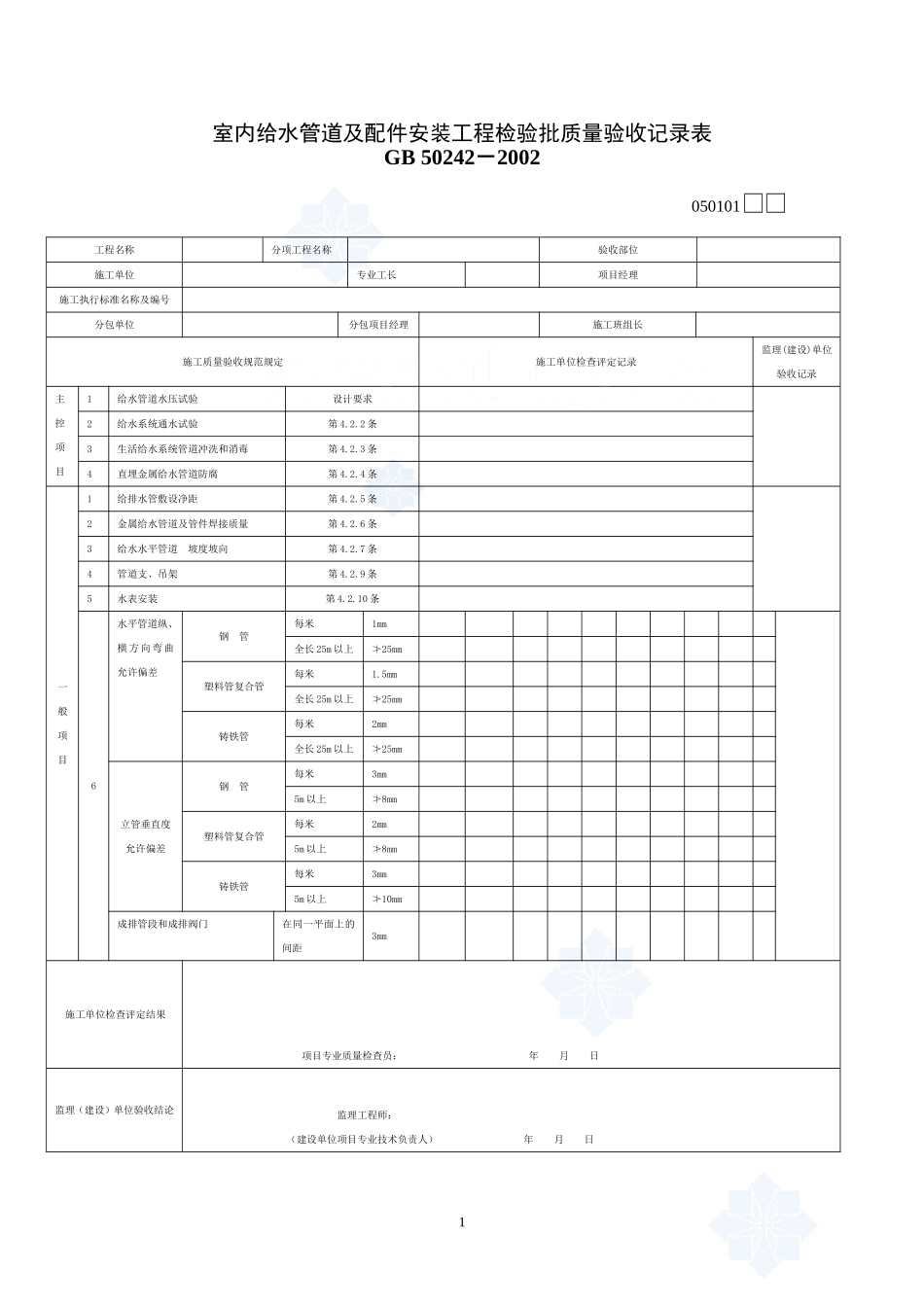 给水排水及采暖工程检验批质量验收记录表_secret.doc_第1页