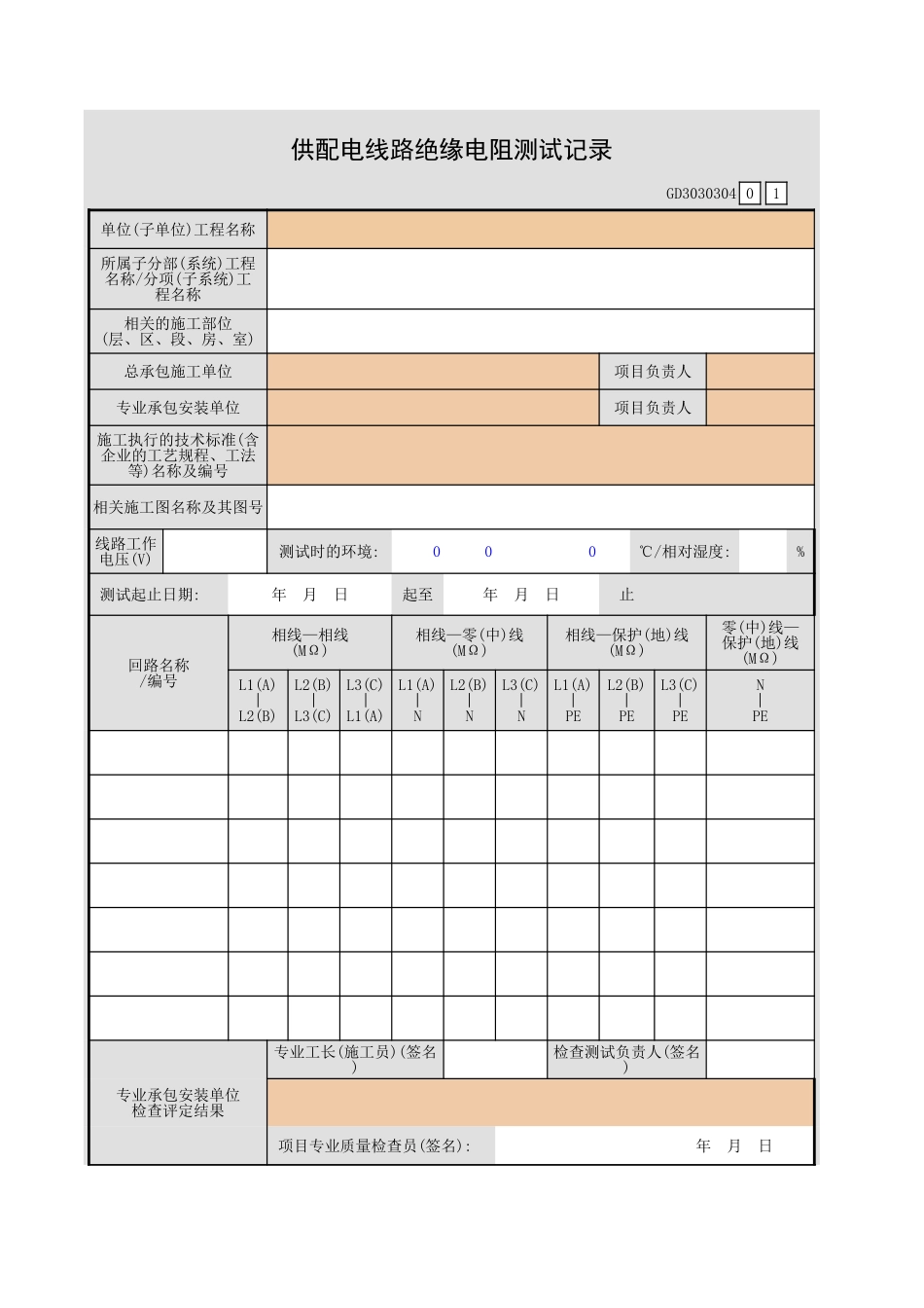 供配电线路绝缘电阻测试记录GD3030304.xls_第1页