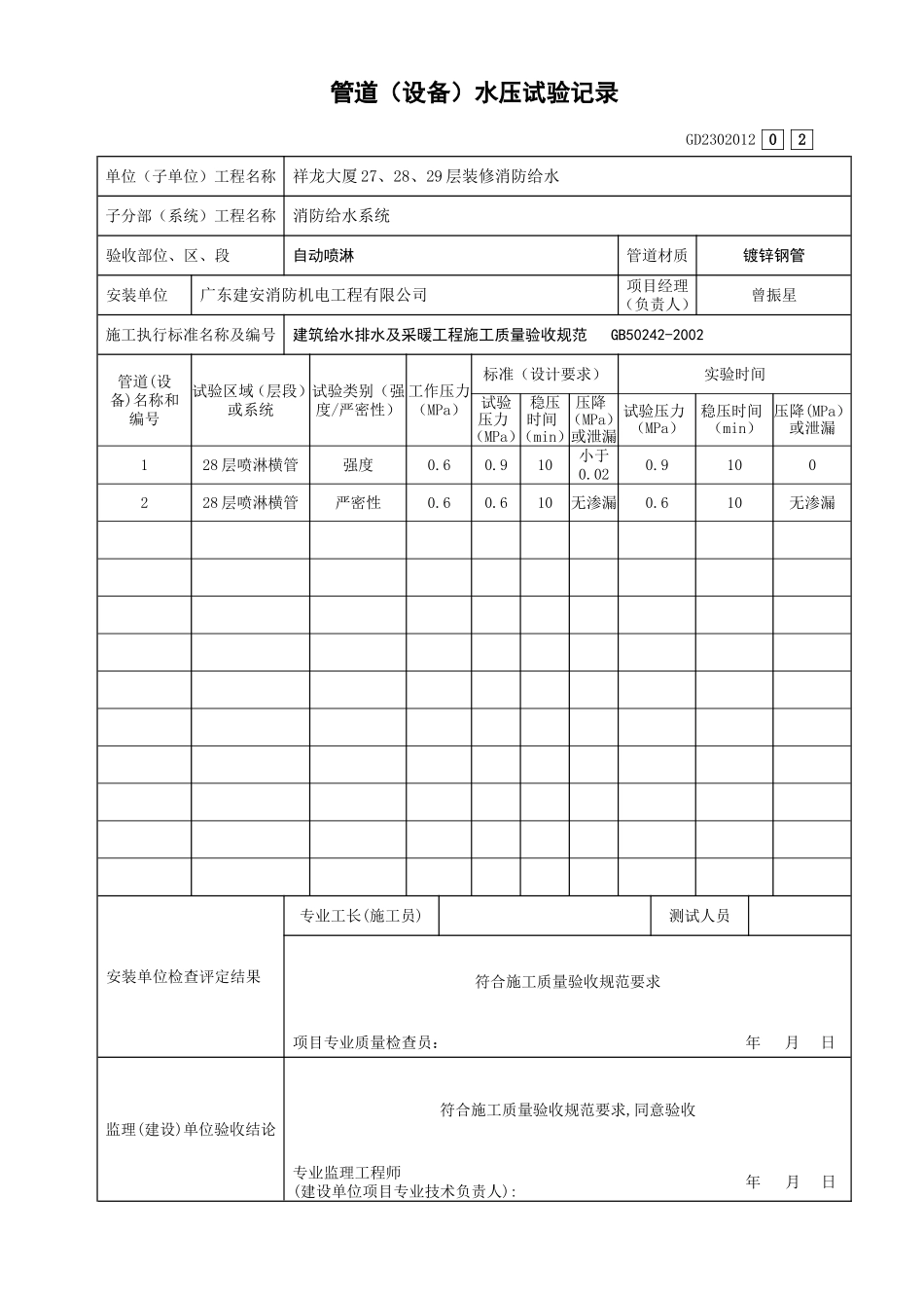管道(设备)水压试验记录GD2302012(喷淋).doc_第2页