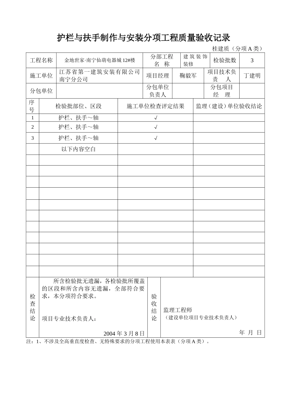 护栏和扶手制作与安装分项工程质量验收记录（建筑装饰装修）.doc_第1页