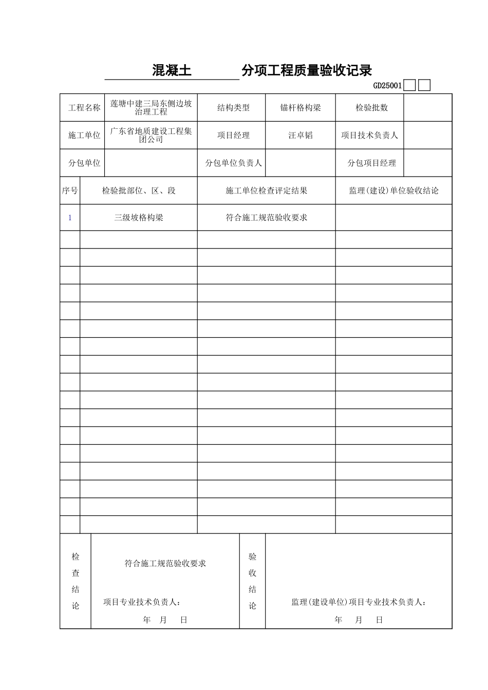 混凝土(格梁及挡墙) 分项工程质量验收记录.xls_第1页
