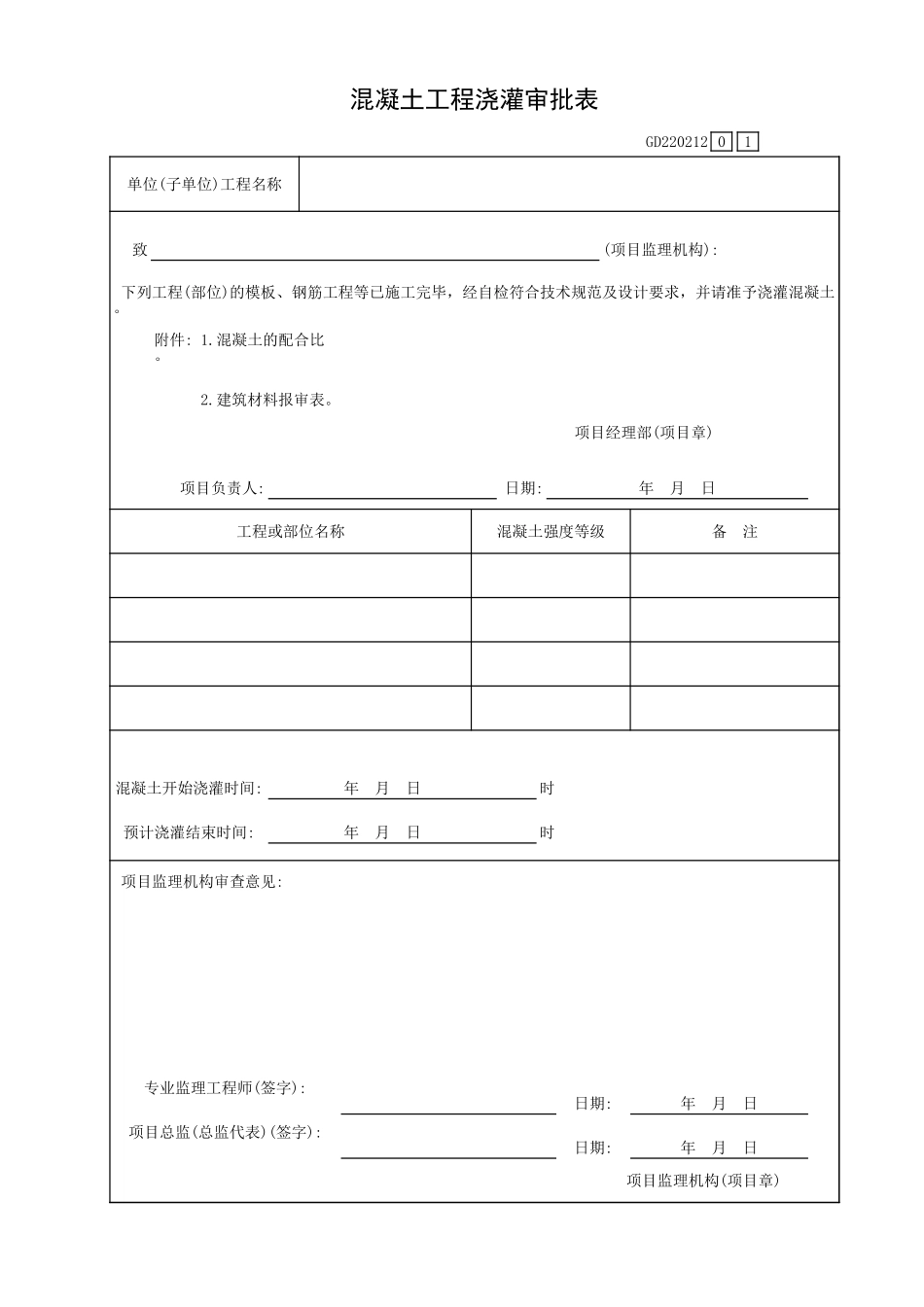 混凝土工程浇灌审批表GD220212.xls_第1页