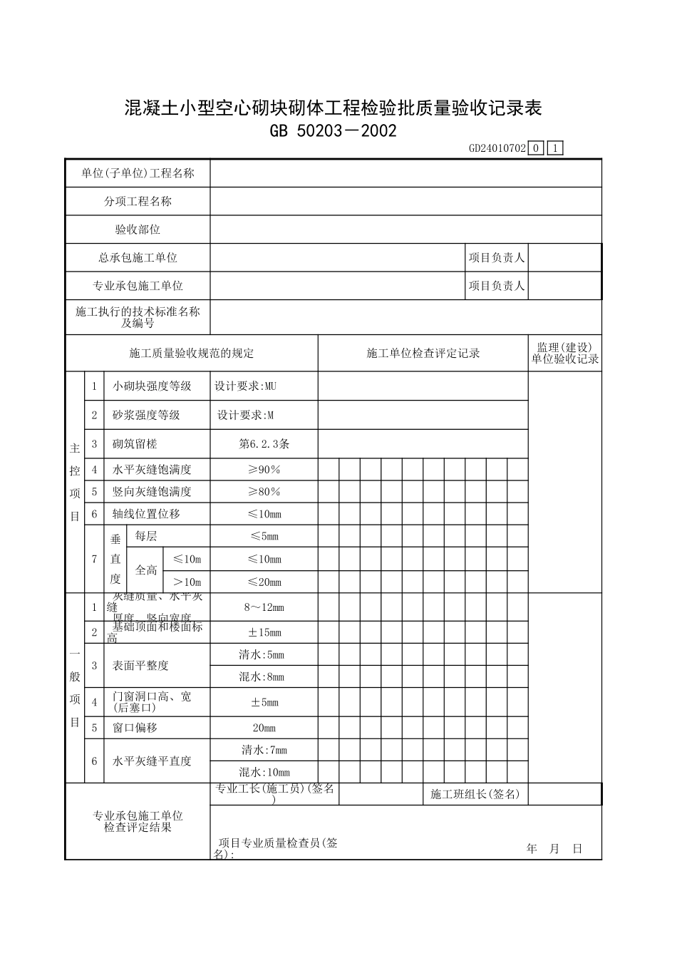 混凝土小型空心砌块砌体工程检验批质量验收记录表.xls_第1页