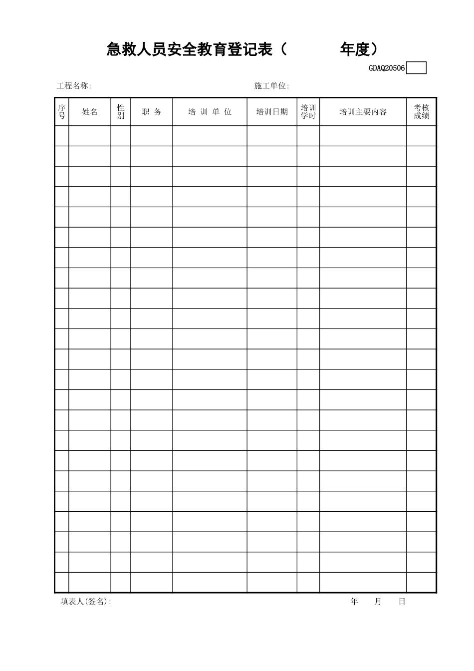 急救人员安全教育登记表GDAQ20506.xls_第1页