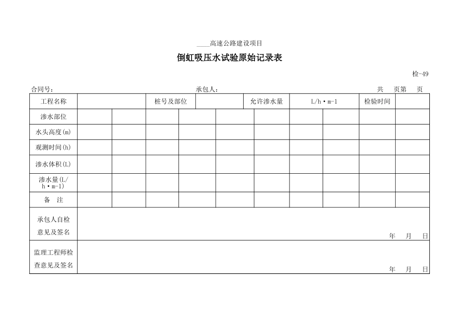检-49倒虹吸压水试验原始记录表.xls_第1页