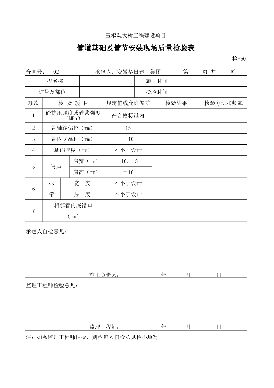 检-50管道基础及管节安装现场质量检验表.xls_第1页