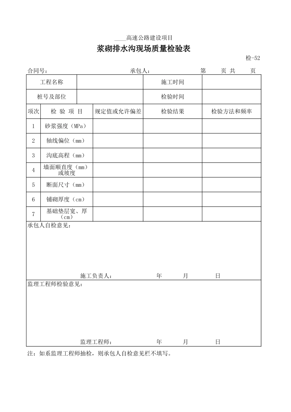 检-52浆砌排水沟现场质量检验表.xls_第1页
