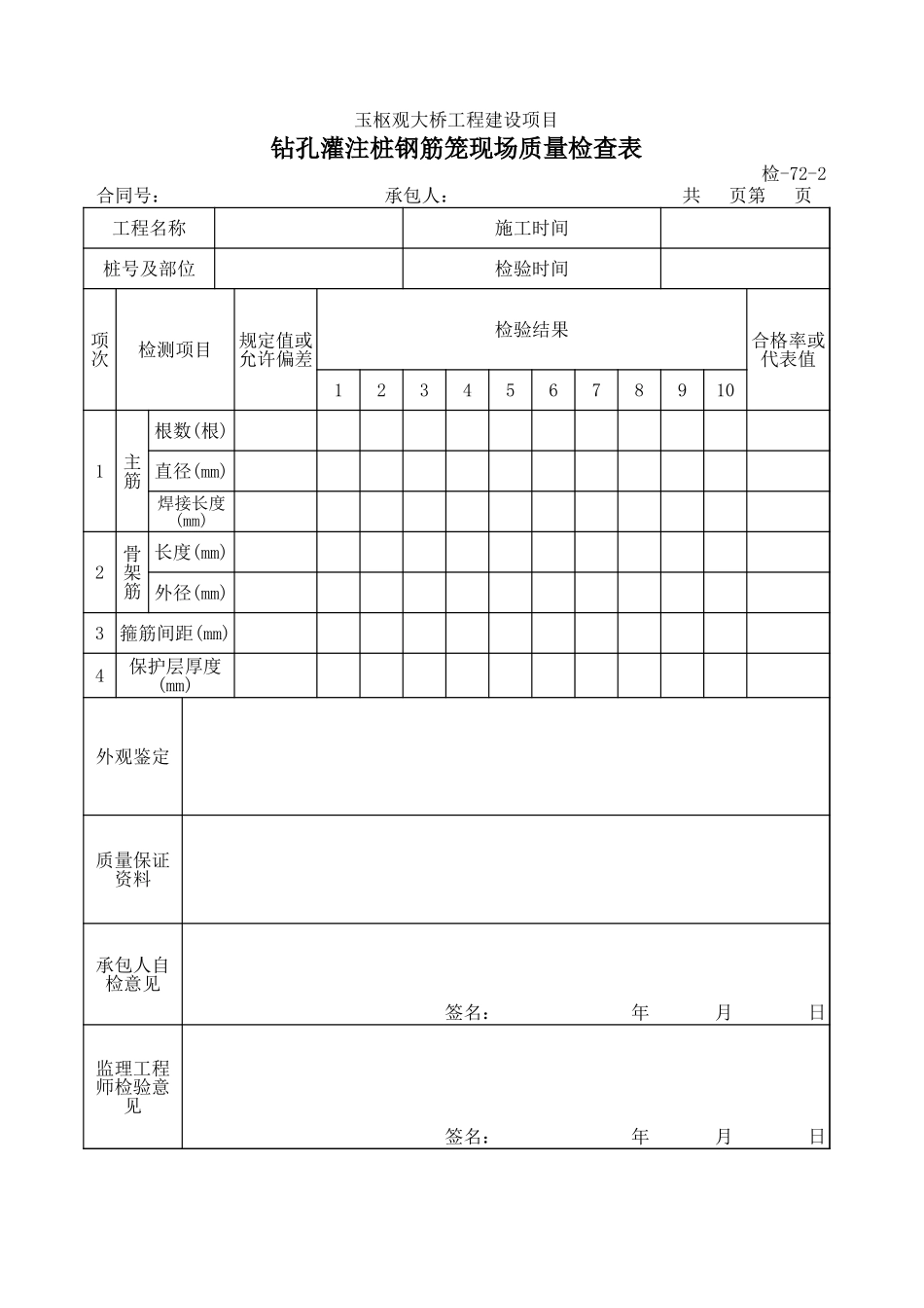 检-72-2钻孔灌注桩钢筋笼现场质量检查表.xls_第1页