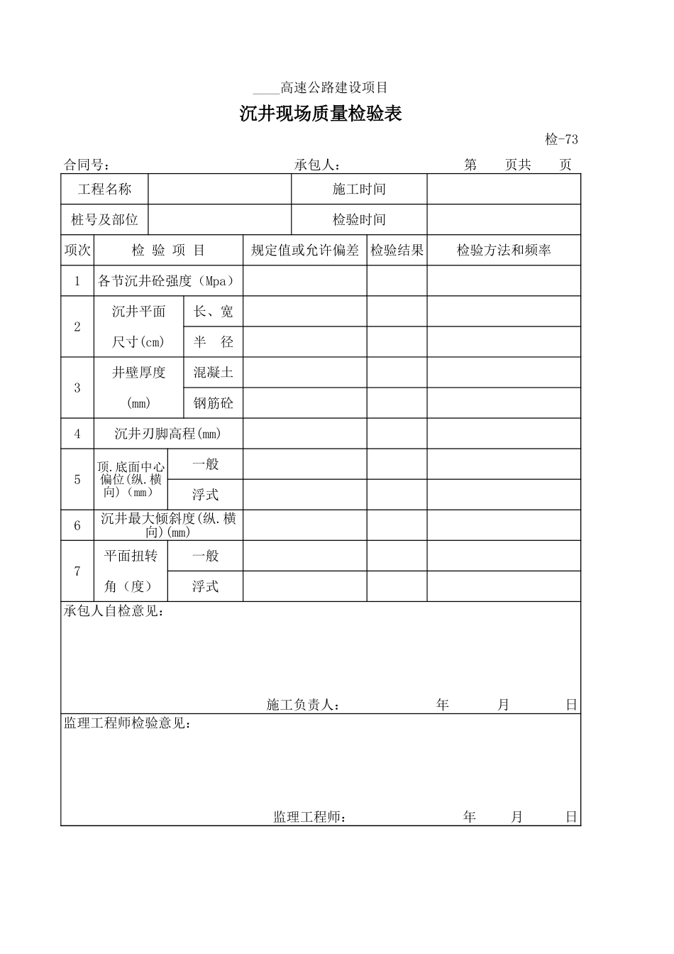 检-73沉井现场质量检验表.xls_第1页