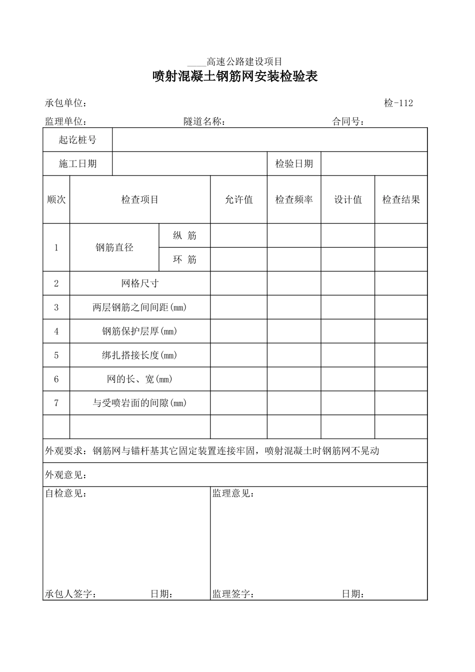 检-112喷射混凝土钢筋网安装检验表.xls_第1页