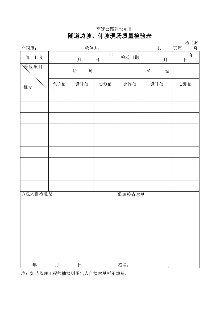 检-149隧道边坡、仰坡现场质量检验表.xls_第1页