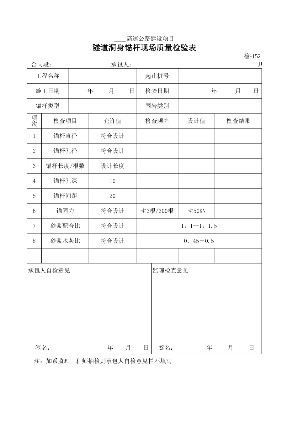 检-152隧道洞身锚杆现场质量检验表.xls_第1页