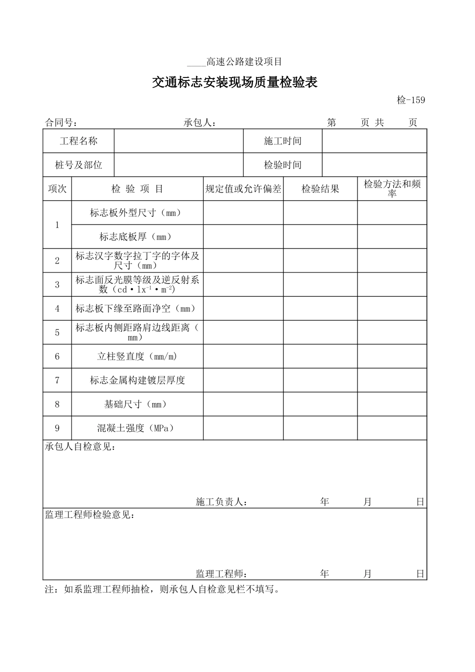 检-159交通标志安装现场质量检验表.xls_第1页