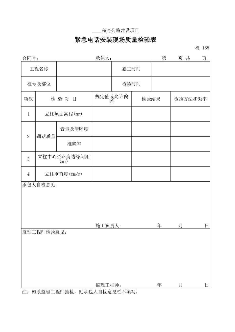 检-168紧急电话安装现场质量检验表.xls_第1页
