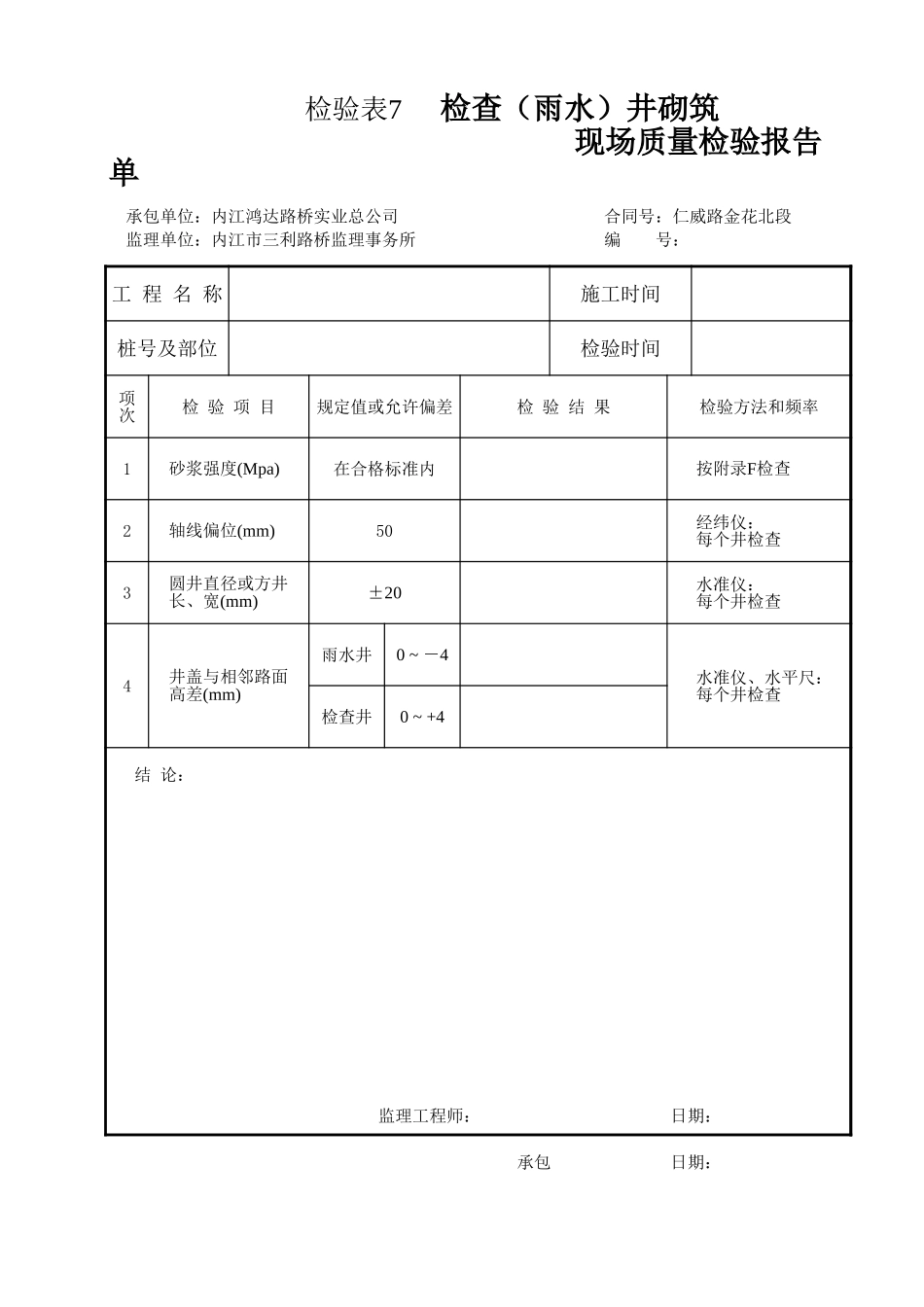 检验表7 检查(雨水)井砌筑.xls_第1页