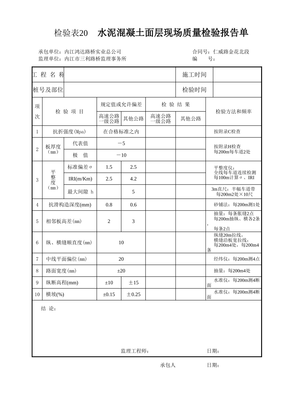 检验表20 水泥混凝土面层现场质量检验报告单.xls_第1页