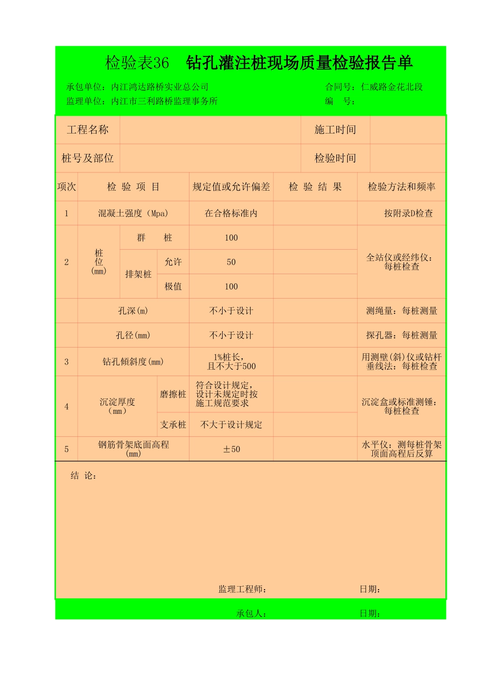 检验表36 钻孔灌注桩现场质量检验报告单.xls_第1页