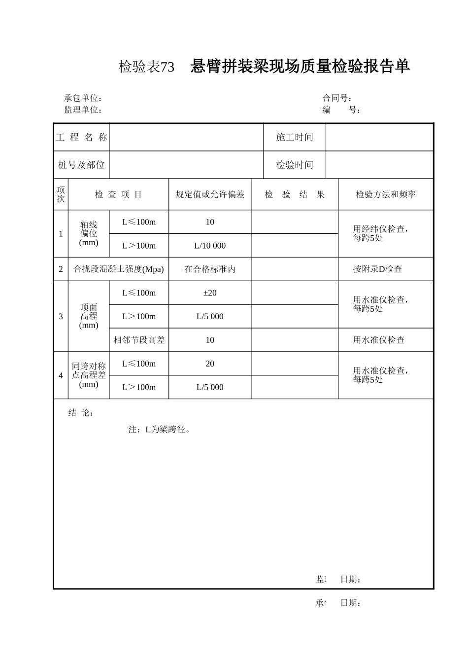 检验表73   悬臂拼装梁现场质量检验报告单.xls_第1页