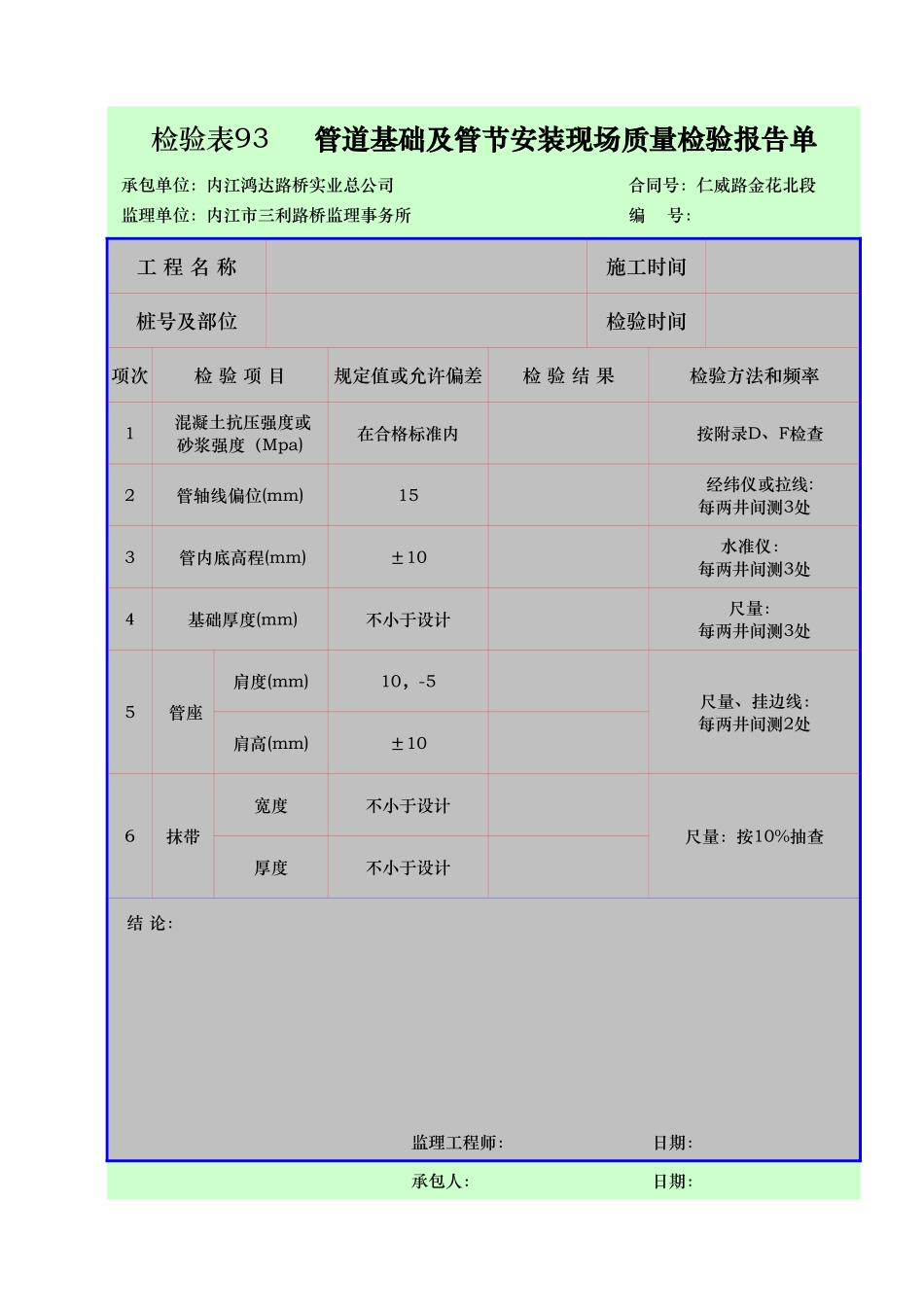 检验表93  管道基础及管节安装现场质量检验报告单.xls_第1页