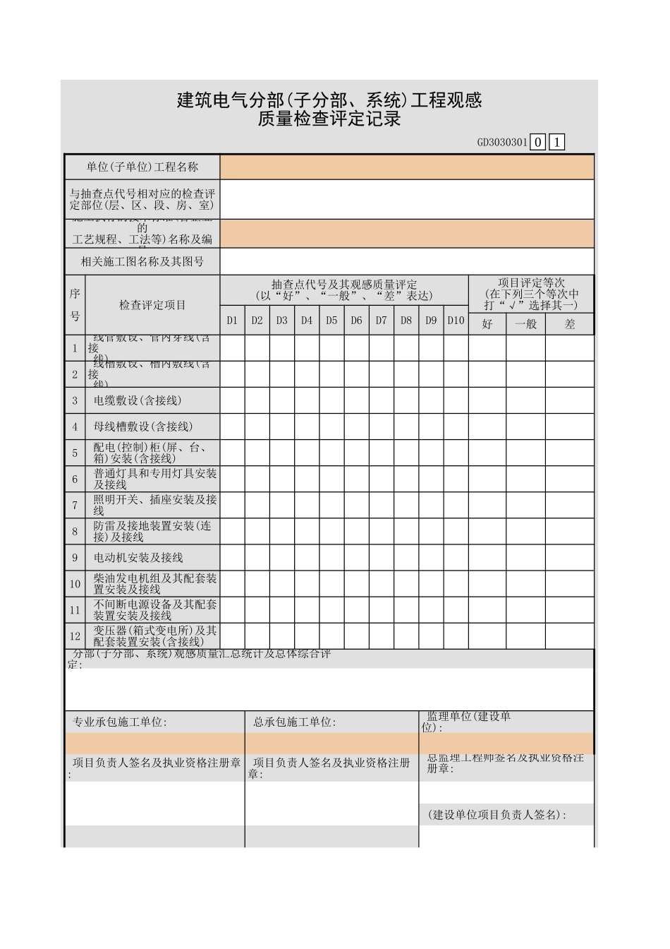 建筑电气分部(子分部、系统)工程观感质量检查评定记录GD3030301.xls_第1页