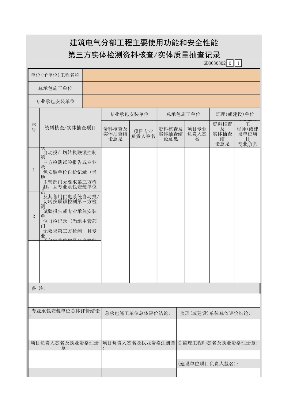 建筑电气分部工程主要使用功能和安全性能—第三方实体检测资料核查 实体质量抽查记录GD3030302.xls_第1页